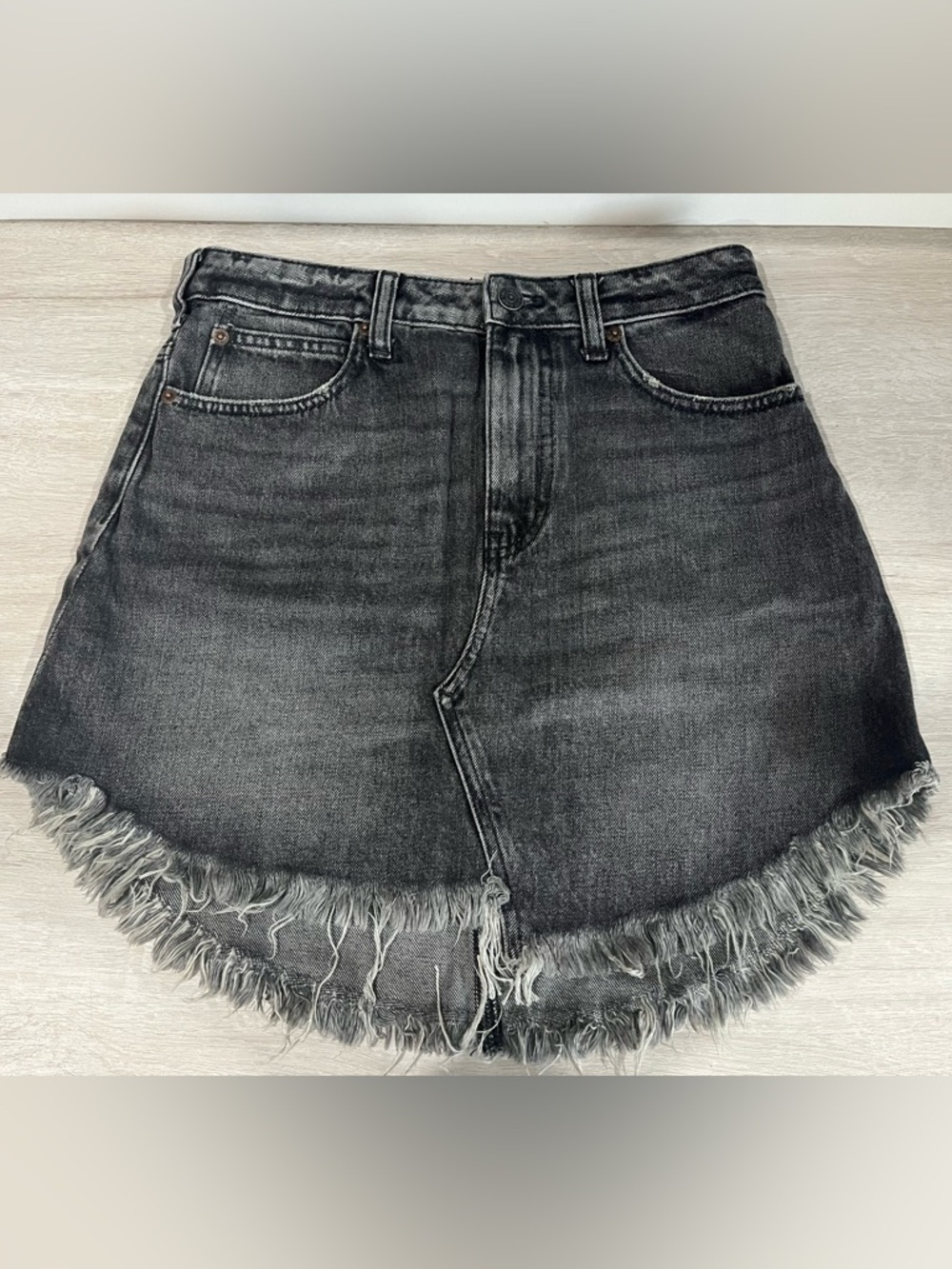 We The Free Free People Black Denim Skirt 27 High Waist Raw Hem NWOT